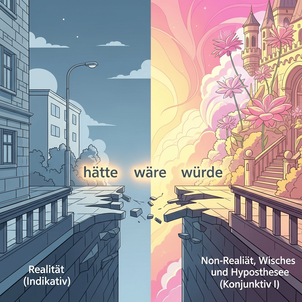 تصویرسازی مفهومی کاربرد Konjunktiv 2 در زبان آلمانی با تفکیک واقعیت و فرضیه، شامل کلمات کلیدی hätte، wäre و würde